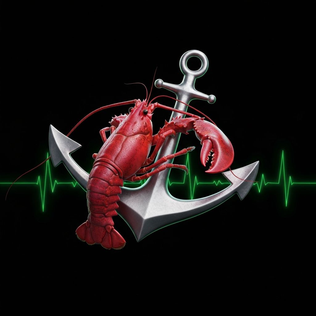 Red lobster holding a metallic anchor with green pulse glow